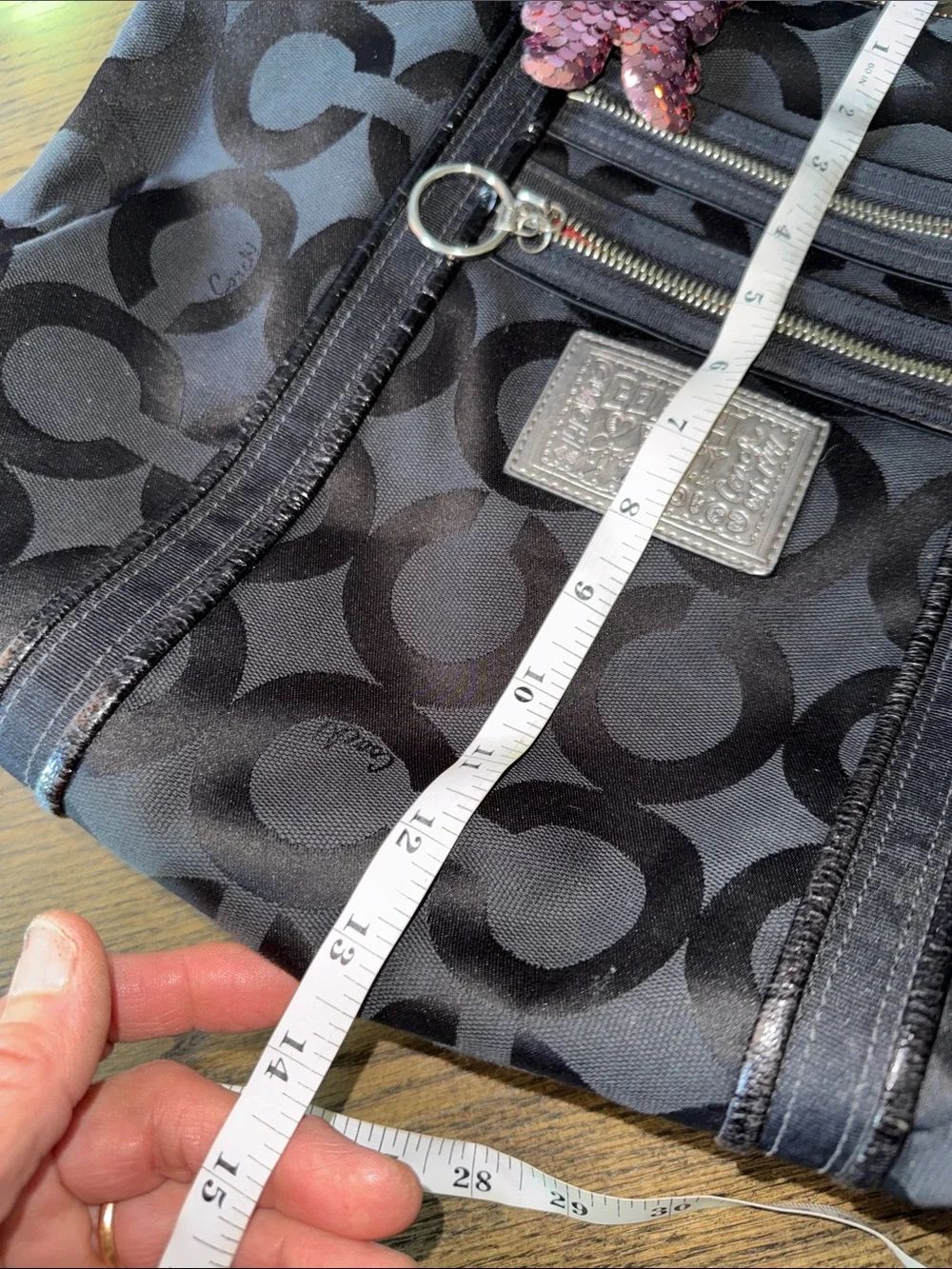 Coach POPPY Black Signature Tote with Pink Sequin Butterfly Charm